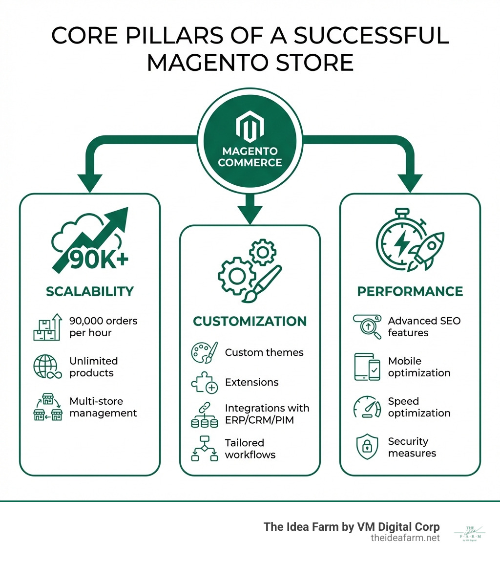Infographic showing the three core pillars of a successful Magento store: Scalability (handling 90,000 orders per hour, unlimited products, multi-store management), Customization (custom themes, extensions, integrations with ERP/CRM/PIM, tailored workflows), and Performance (advanced SEO features, mobile optimization, speed optimization, security measures) - magento ecommerce development houston infographic Infographic showing the three core pillars of a successful Magento store: Scalability (handling 90,000 orders per hour, unlimited products, multi-store management), Customization (custom themes, extensions, integrations with ERP/CRM/PIM, tailored workflows), and Performance (advanced SEO features, mobile optimization, speed optimization, security measures) - magento ecommerce development houston infographic
