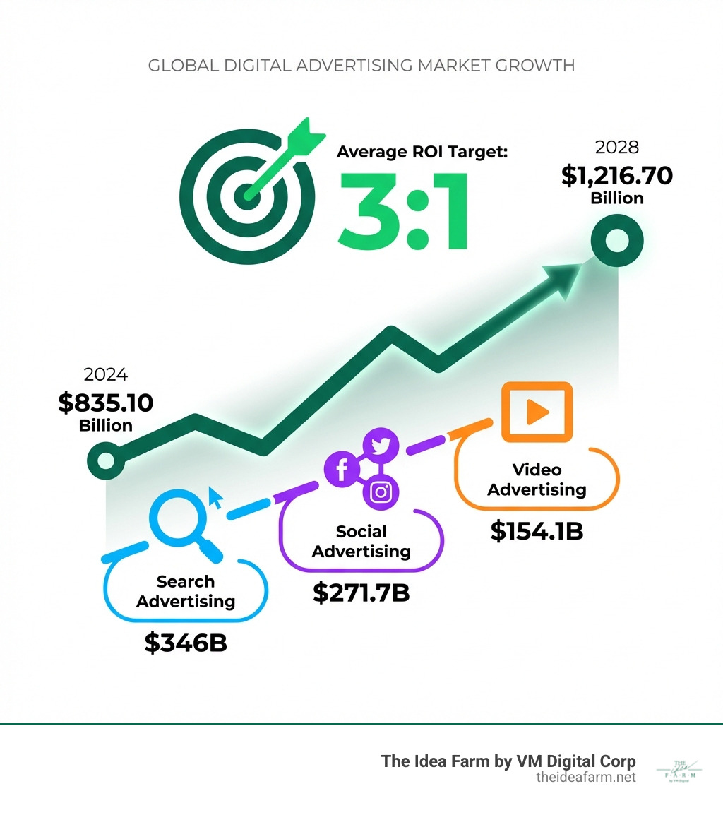 Infographic showing digital advertising market growth from $835.10 billion in 2024 to $1,216.70 billion by 2028, with key segments: Search Advertising ($346B), Social Advertising ($271.7B), Video Advertising ($154.1B), and average ROI targets of 3:1 - digital advertising experts infographic Infographic showing digital advertising market growth from $835.10 billion in 2024 to $1,216.70 billion by 2028, with key segments: Search Advertising ($346B), Social Advertising ($271.7B), Video Advertising ($154.1B), and average ROI targets of 3:1 - digital advertising experts infographic