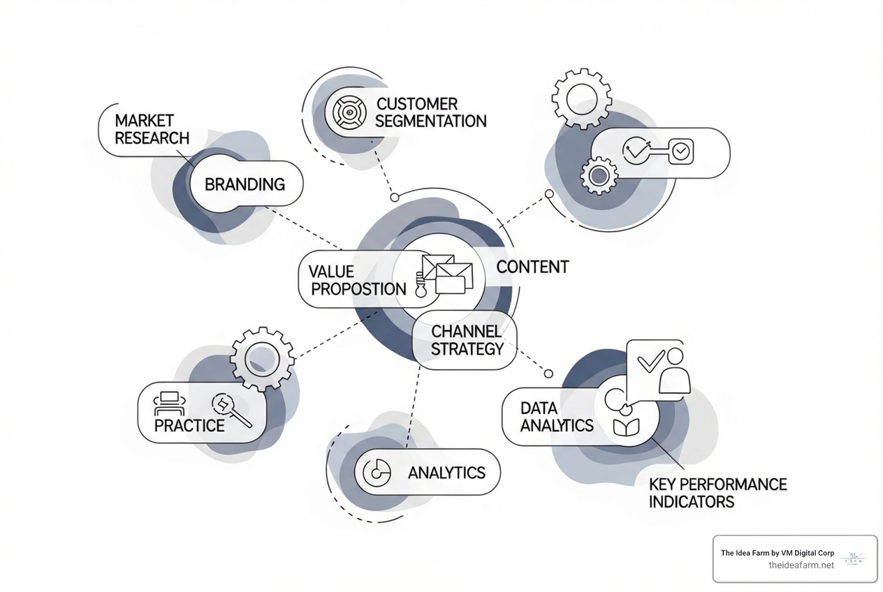 Diagram showing the interconnected components of a marketing strategy: Market Research, Customer Segmentation, Brand Positioning, Value Proposition, Messaging Framework, Channel Strategy, Content Strategy, Data & Analytics, Technology Stack, KPIs, and Feedback Loops. - strategic marketing consulting