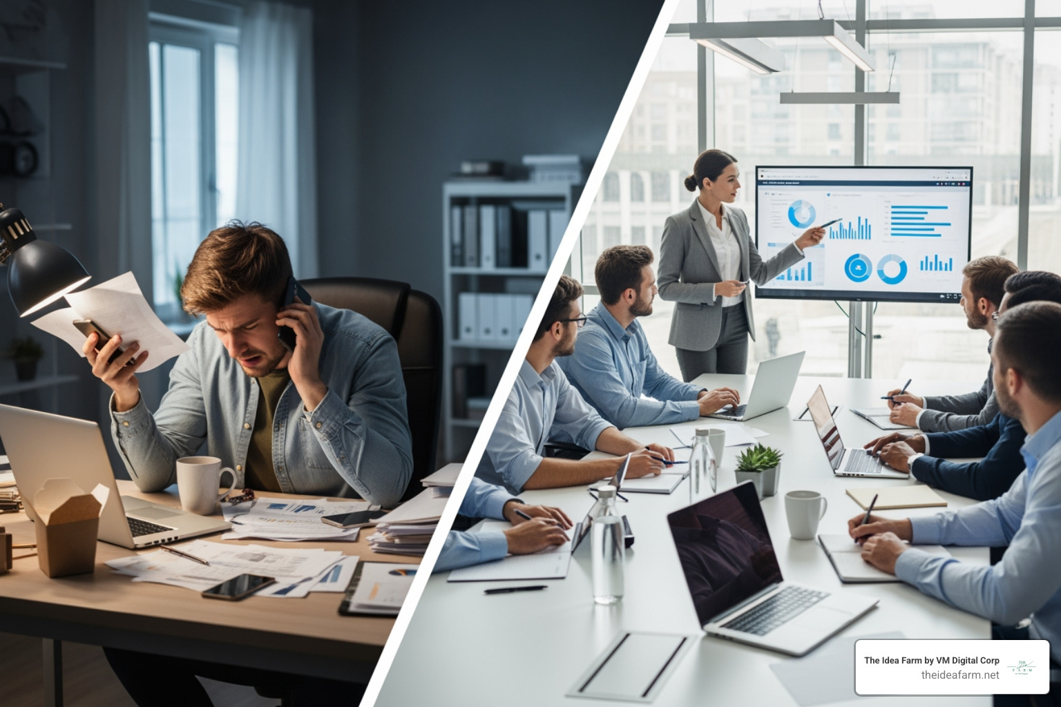 of a split-screen showing a founder juggling tasks vs. a collaborative workspace led by a strategic partner - fractional cmo services