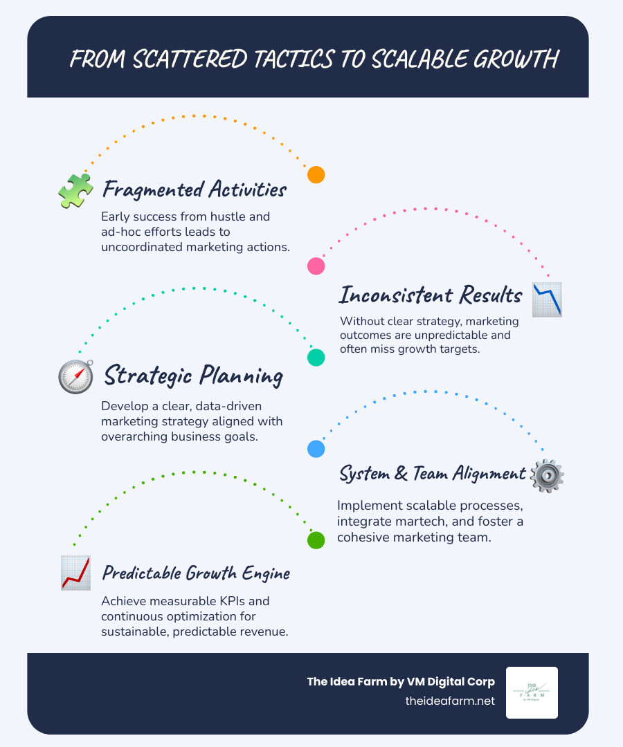 Infographic showing the journey from scattered marketing tactics (fragmented activities, inconsistent results, wasted budget, founder overwhelm) to a connected, data-driven marketing system (strategic planning, team alignment, measurable KPIs, scalable processes, predictable growth) - fractional cmo services infographic infographic-line-5-steps-blues-accent_colors