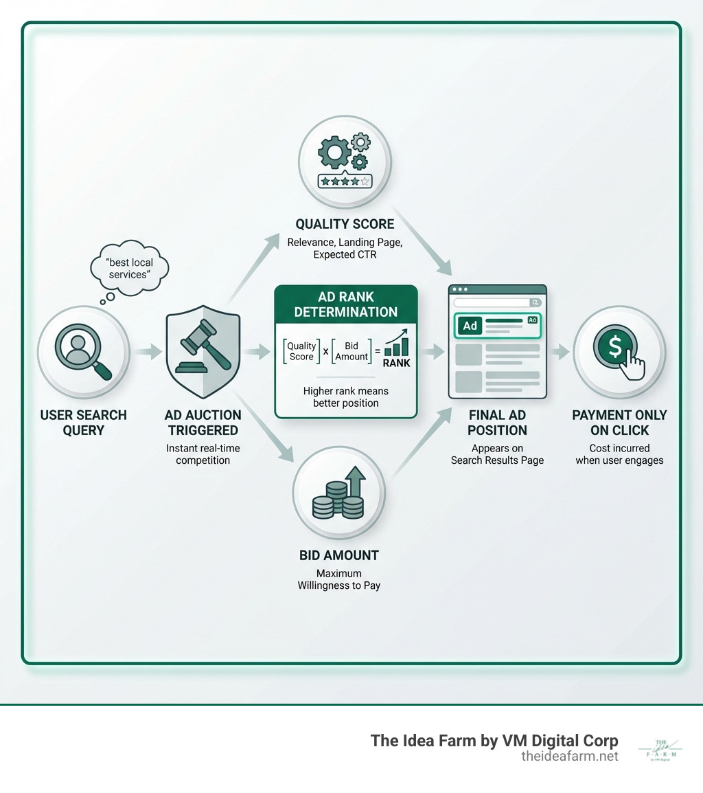 Infographic showing the PPC auction process: User enters search query, triggering ad auction where Quality Score combines with bid amount to determine Ad Rank, which determines final ad position on search results page, with payment only occurring when user clicks the ad - ppc advertising services houston infographic 