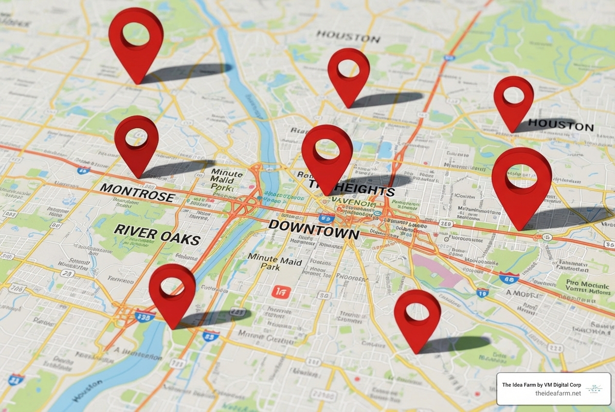 Image of a map of Houston with targeted location pins - ppc advertising services houston