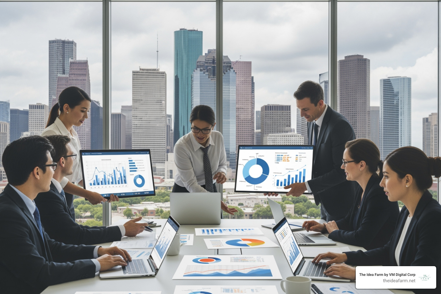 A professional office setting in Houston showing a team collaborating on a digital strategy session - web design company in houston texas