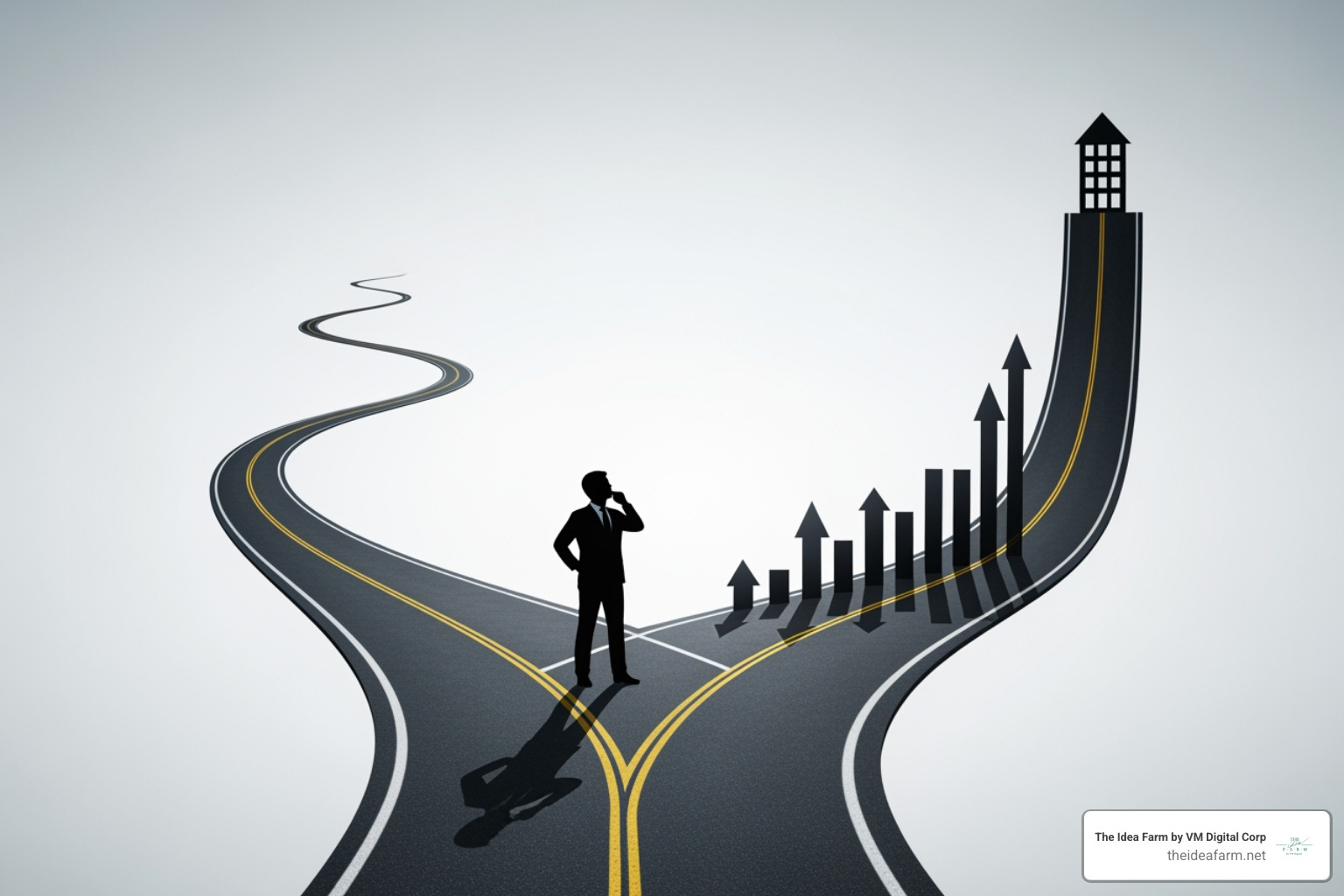 A business at a crossroads, with one path showing incremental growth and the other showing accelerated, systemic growth - business growth consultant A business at a crossroads, with one path showing incremental growth and the other showing accelerated, systemic growth - business growth consultant