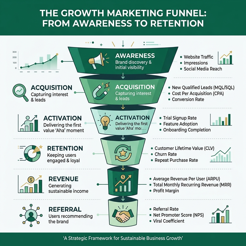 Growth marketing funnel from awareness to retention with key metrics at each stage: growth marketing consultant infographic Growth marketing funnel from awareness to retention with key metrics at each stage: growth marketing consultant infographic
