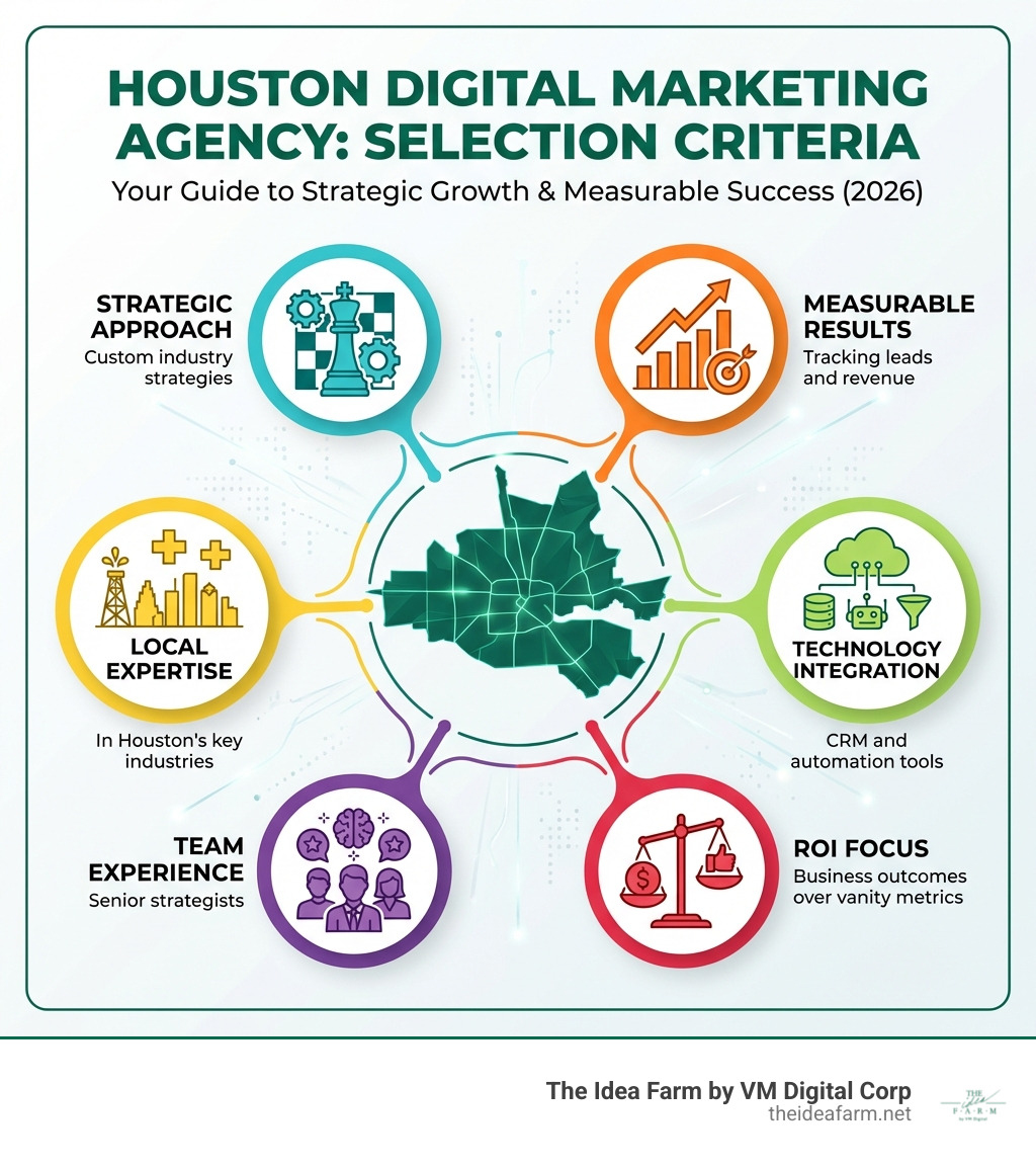 Infographic showing Houston digital marketing agency selection criteria: Strategic Approach with custom industry strategies, Measurable Results tracking leads and revenue, Local Expertise in Houston's key industries, Technology Integration with CRM and automation tools, Team Experience with senior strategists, and ROI Focus on business outcomes over vanity metrics - digital marketing agency in houston tx infographic Infographic showing Houston digital marketing agency selection criteria: Strategic Approach with custom industry strategies, Measurable Results tracking leads and revenue, Local Expertise in Houston's key industries, Technology Integration with CRM and automation tools, Team Experience with senior strategists, and ROI Focus on business outcomes over vanity metrics - digital marketing agency in houston tx infographic