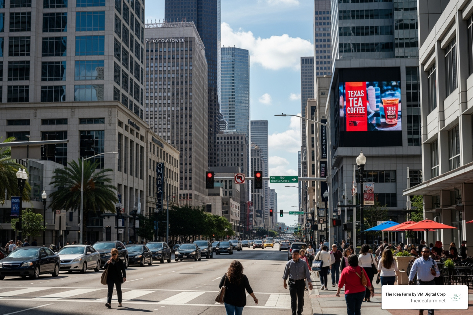 A busy Houston street scene like The Galleria or Downtown - digital marketing agency in houston tx A busy Houston street scene like The Galleria or Downtown - digital marketing agency in houston tx
