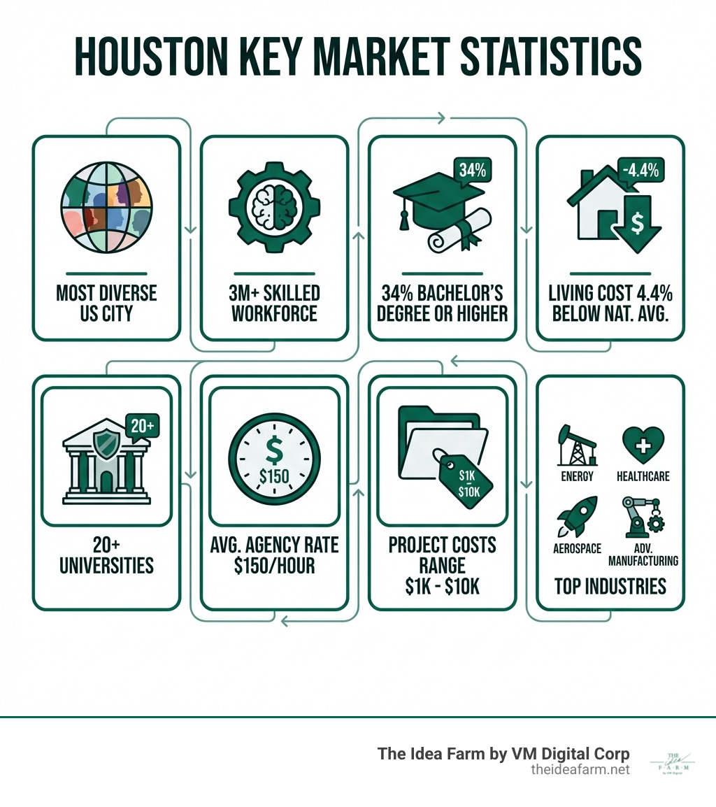 Infographic showing Houston's key stats: most diverse US city, 3M+ skilled workforce, 34% of residents hold a bachelor's degree or higher, living cost 4.4% below national average, 20+ universities, average agency rate $150/hour, project costs range $1,000-$10,000, and top industries including energy, healthcare, aerospace, and advanced manufacturing - advertising agency in houston infographic Infographic showing Houston's key stats: most diverse US city, 3M+ skilled workforce, 34% of residents hold a bachelor's degree or higher, living cost 4.4% below national average, 20+ universities, average agency rate $150/hour, project costs range $1,000-$10,000, and top industries including energy, healthcare, aerospace, and advanced manufacturing - advertising agency in houston infographic
