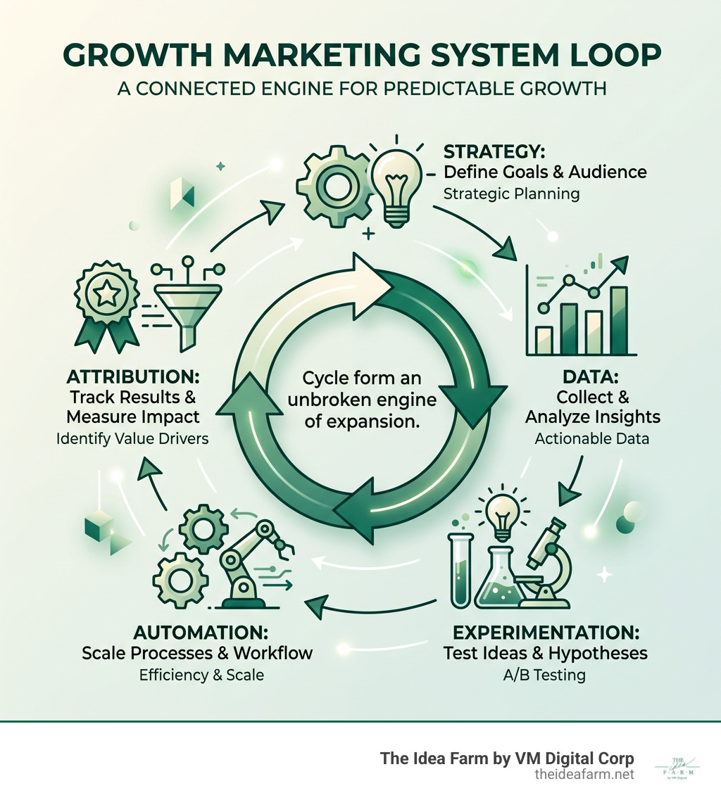 Growth marketing system loop showing strategy, data, experimentation, automation, and attribution connected in a cycle Growth marketing system loop showing strategy, data, experimentation, automation, and attribution connected in a cycle
