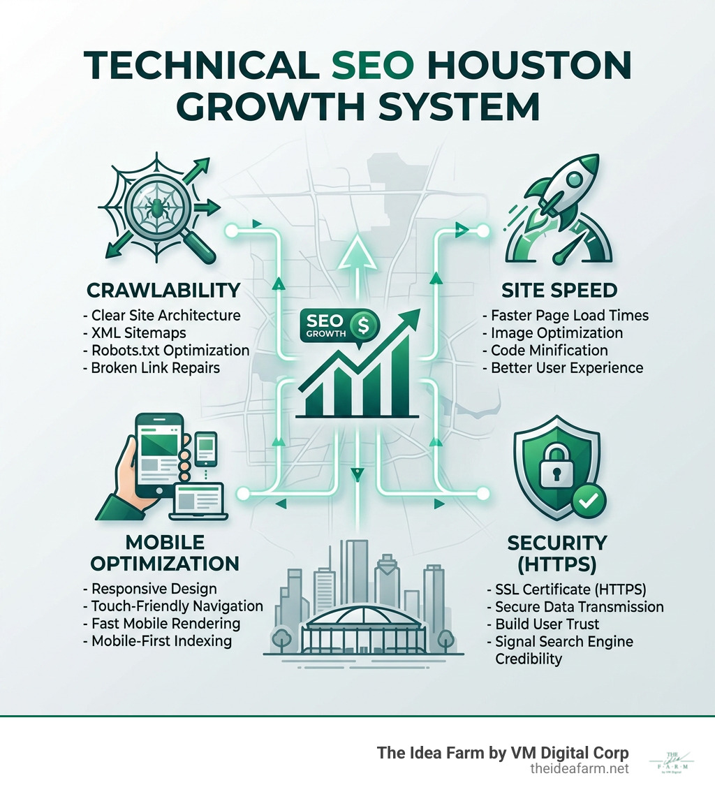 Technical SEO Houston growth system infographic showing crawlability, speed, mobile, and security - Technical SEO Houston