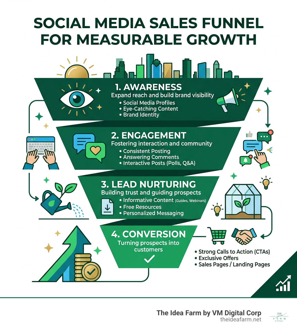 Social media sales funnel infographic showing awareness, engagement, lead nurturing, and conversion stages. social media Social media sales funnel infographic showing awareness, engagement, lead nurturing, and conversion stages. social media