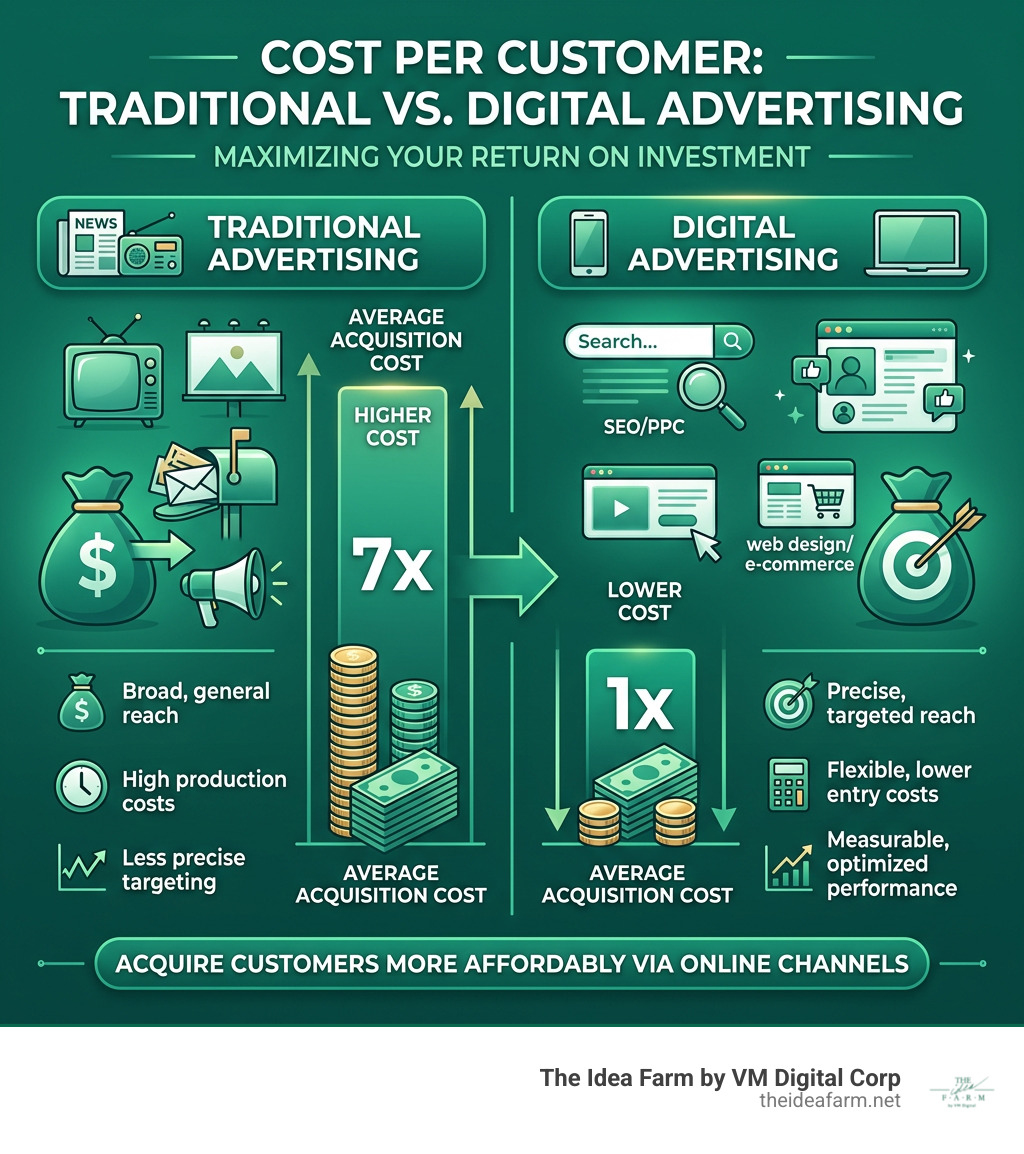 Infographic comparing cost per customer: traditional advertising vs digital advertising channels - affordable internet Infographic comparing cost per customer: traditional advertising vs digital advertising channels - affordable internet