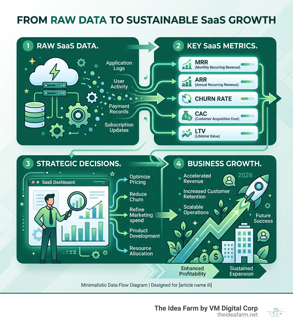 Infographic showing how raw SaaS data flows into metrics, then decisions, then business growth - dashboard for saas