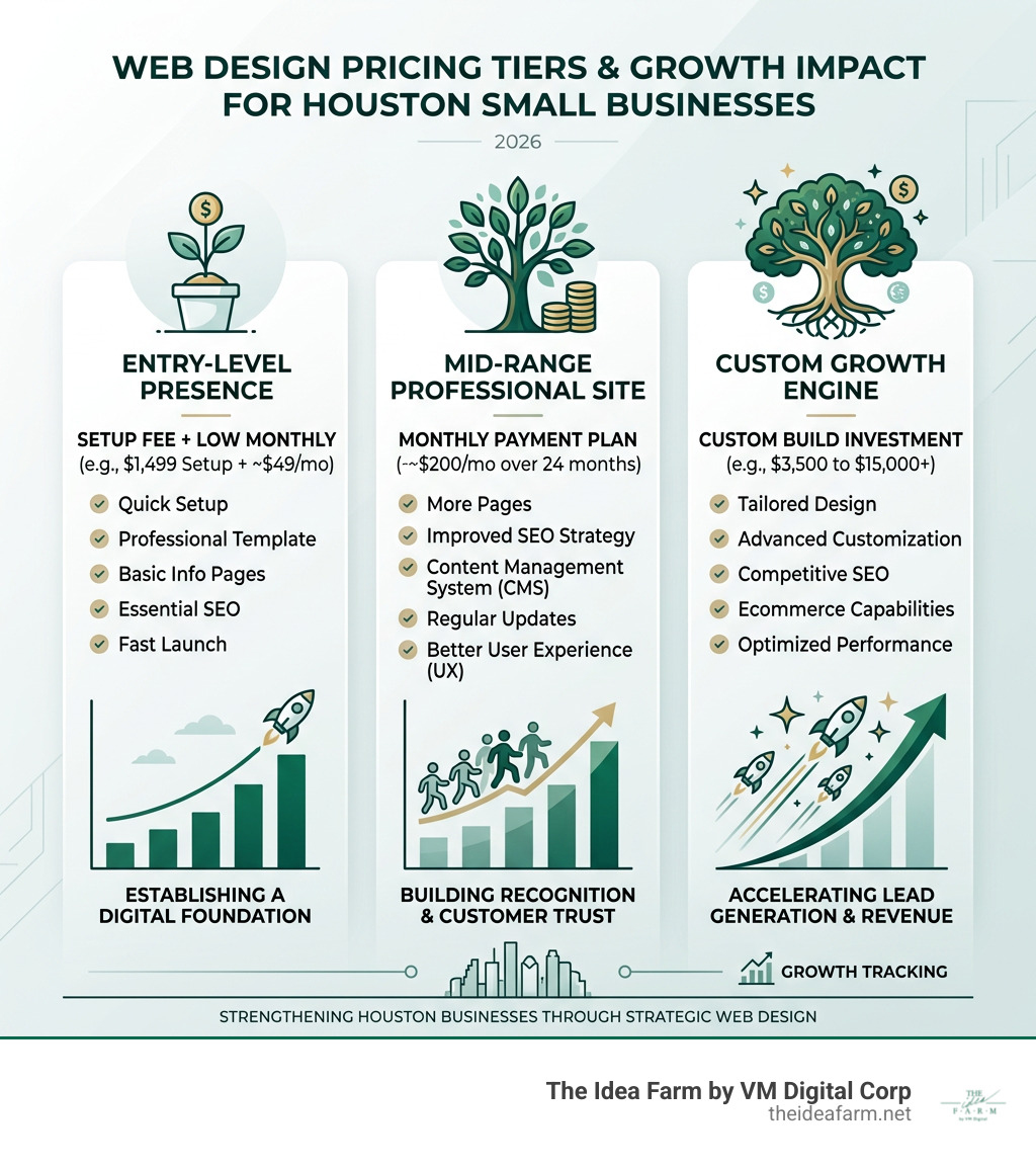 Web design pricing tiers and growth impact for Houston small businesses infographic - Affordable web design Houston Web design pricing tiers and growth impact for Houston small businesses infographic - Affordable web design Houston