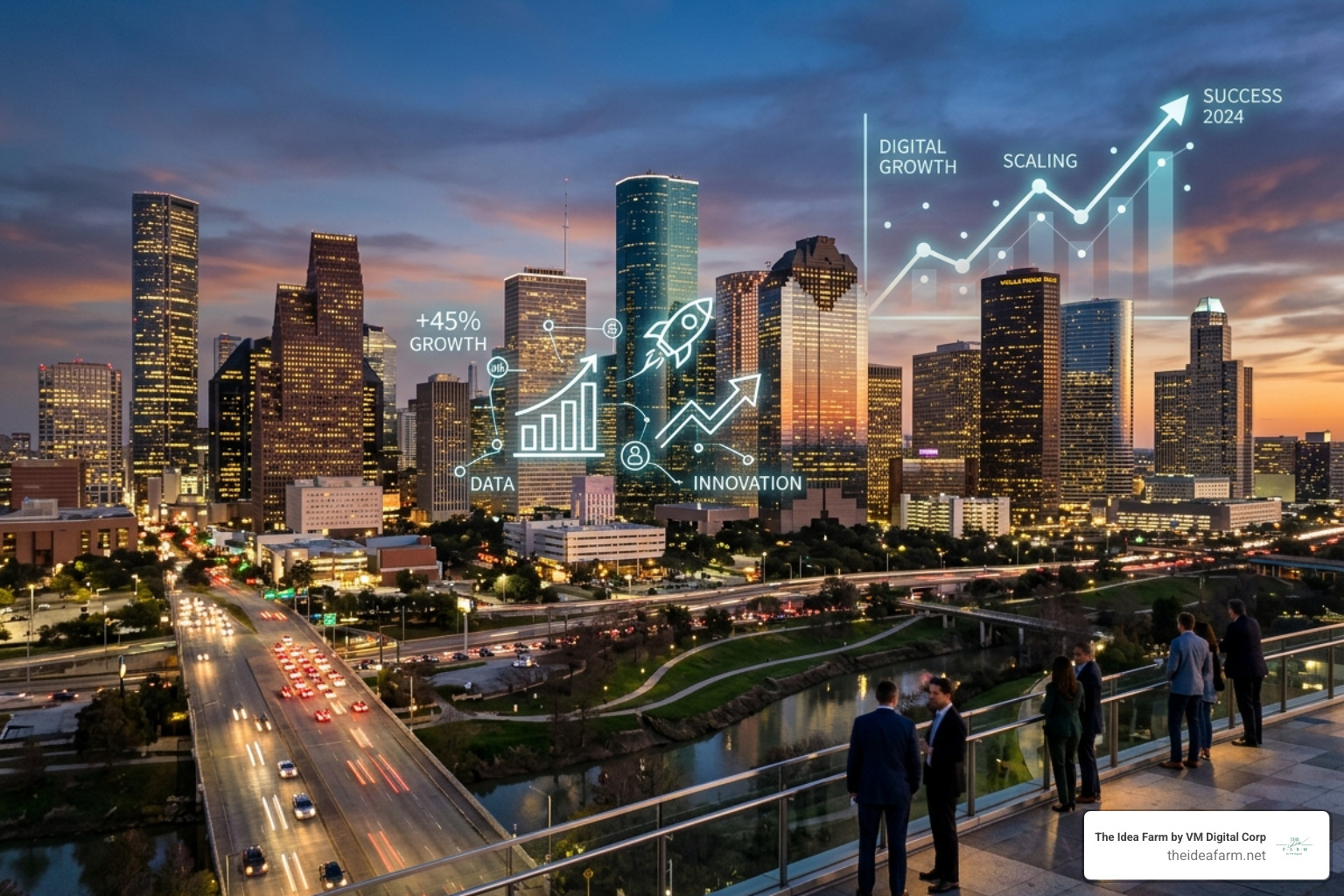 Houston skyline with digital growth icons representing business scaling - Conversion rate optimization Houston