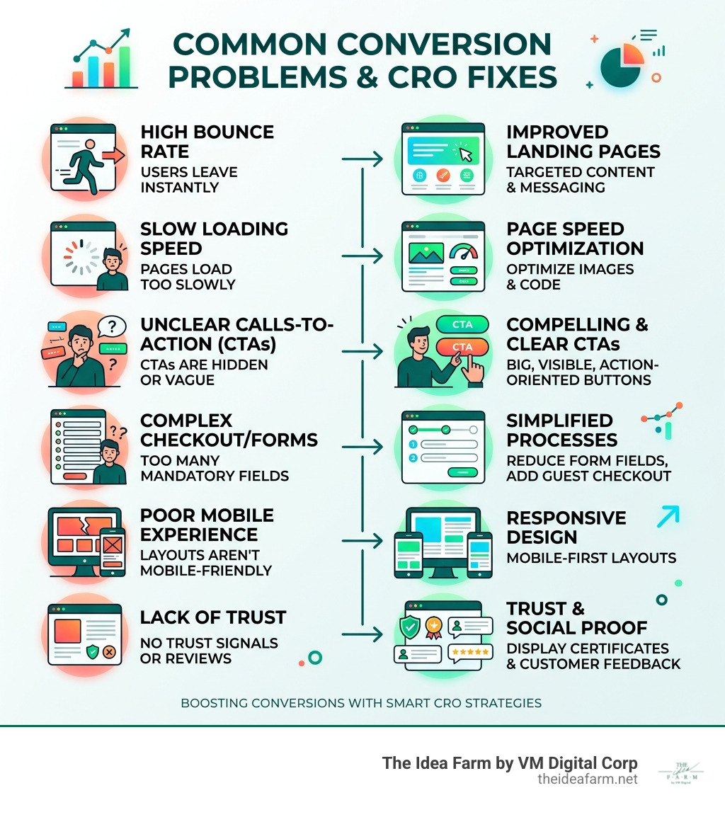infographic showing common conversion problems and CRO fixes - Conversion rate optimization Houston infographic 