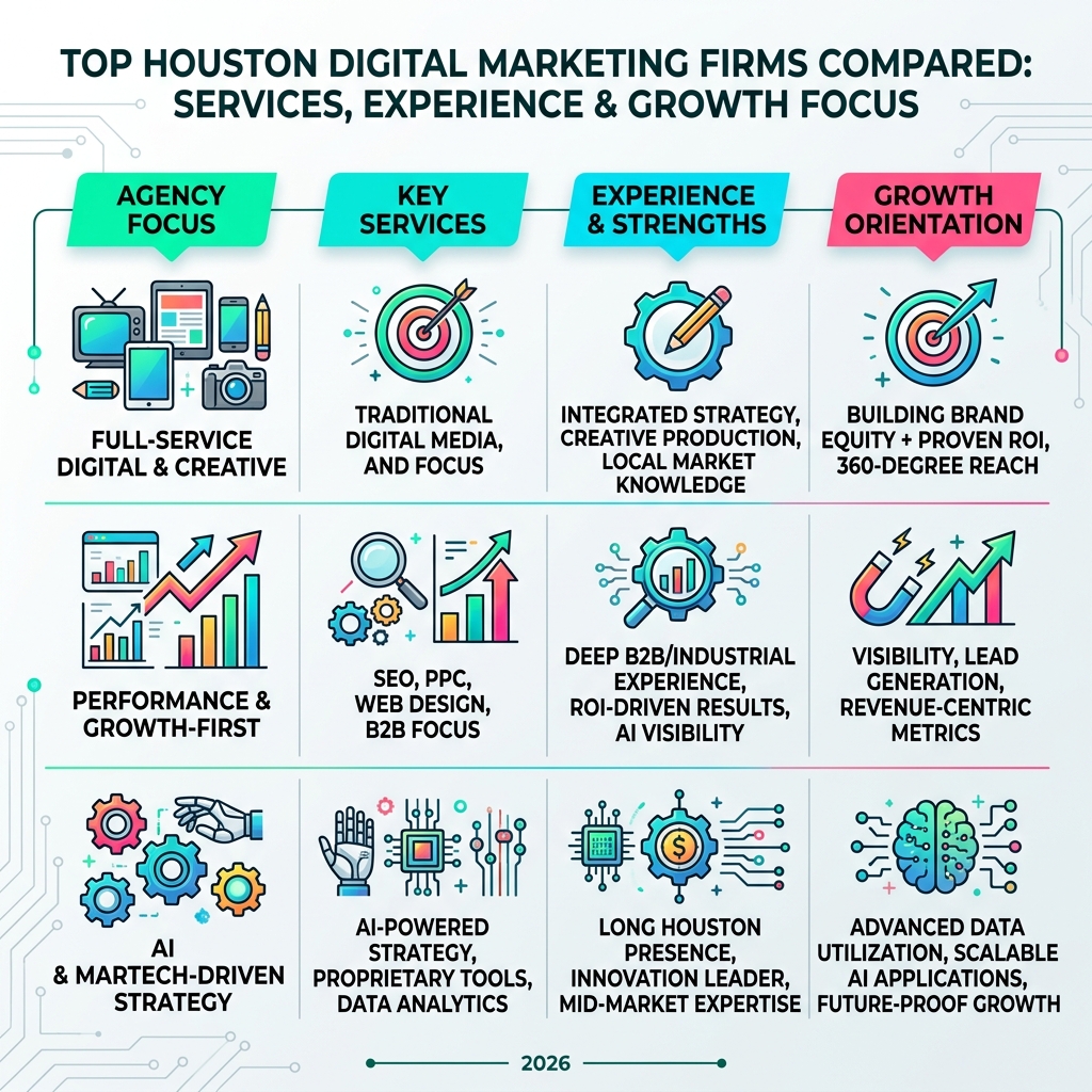 Top Houston digital marketing firms compared by services, experience, and growth focus - houston digital marketing firm