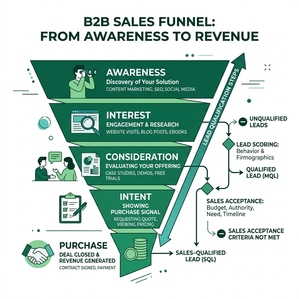 B2B sales funnel stages from awareness to closed revenue with lead qualification steps - b2b internet marketing company
