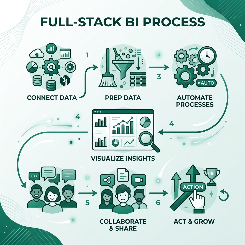 Full-stack BI process: connect data, prep, automate, visualize, collaborate, act - grow dashboard infographic 