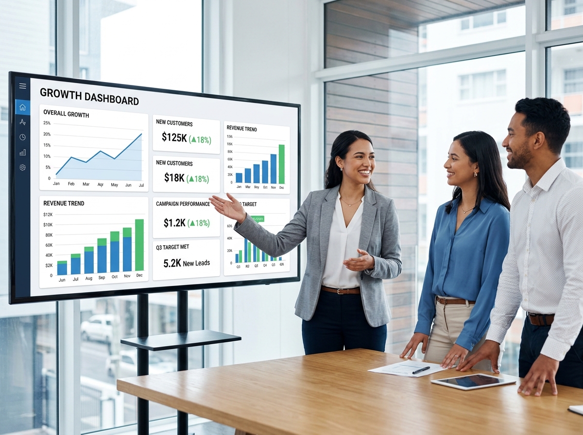 Data integration map showing connections between CRM, Finance, and Marketing tools - grow dashboard