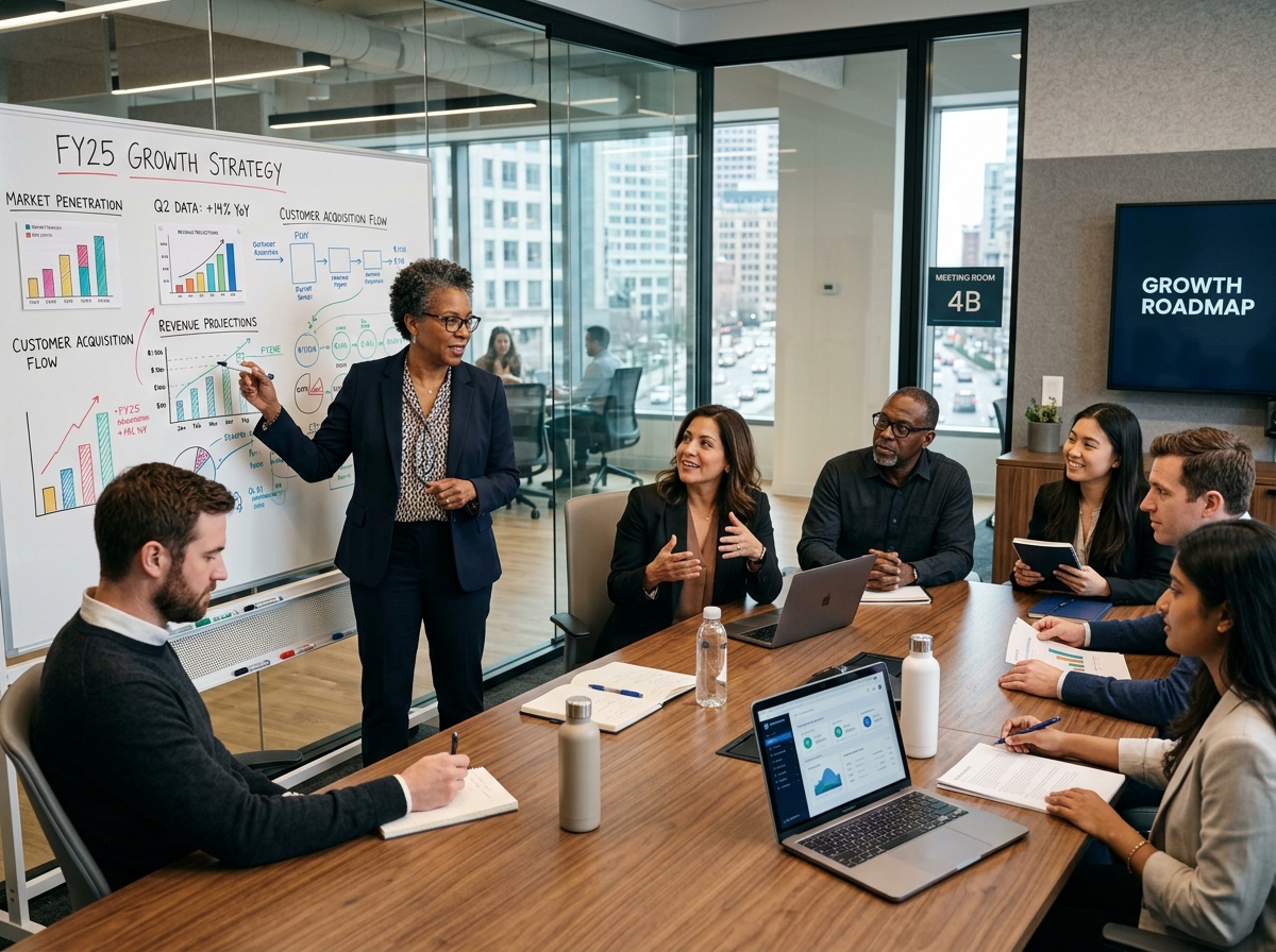 senior growth strategist leading a marketing strategy session with a diverse team - what does a fractional cmo do