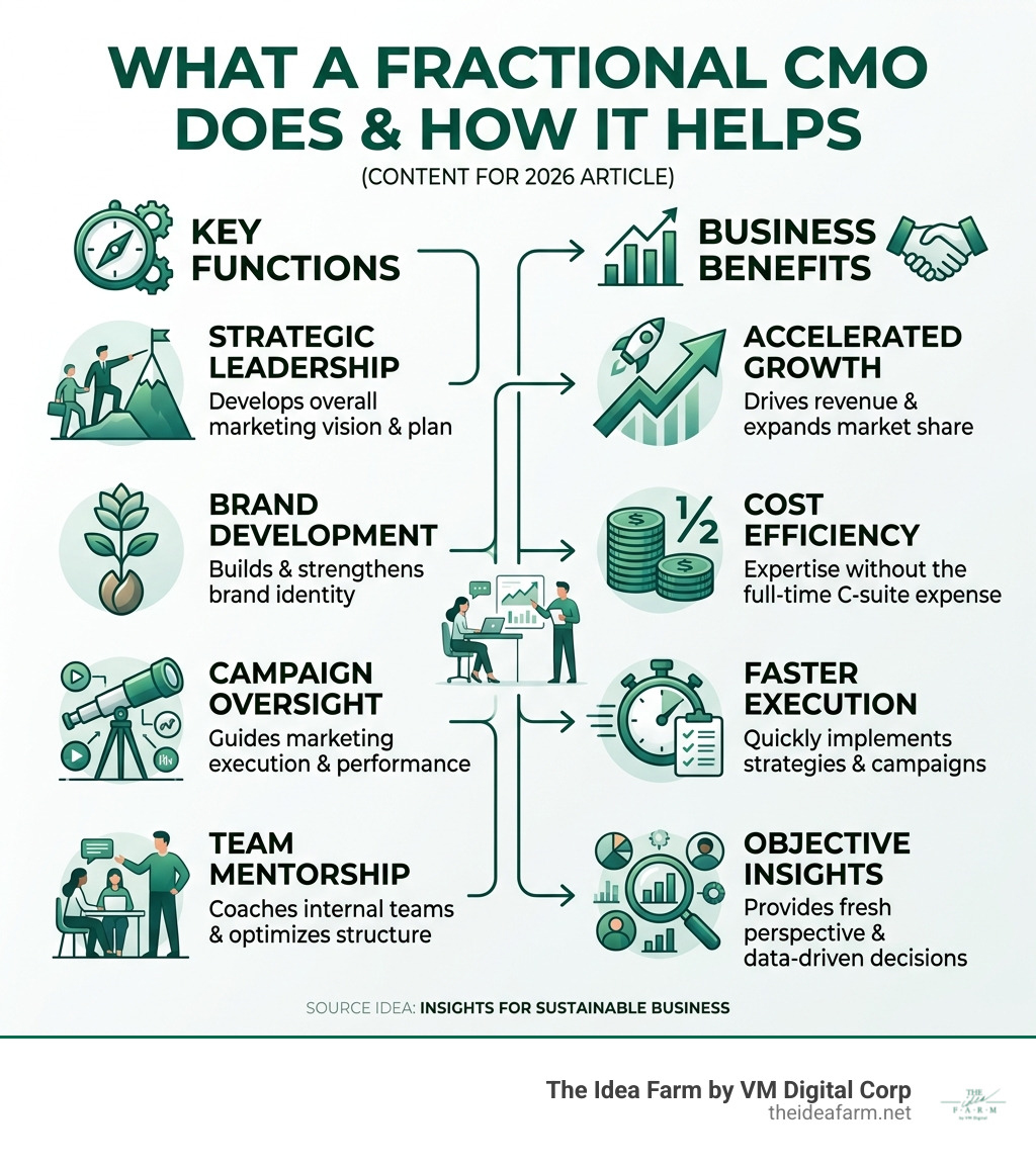infographic showing what a fractional CMO does and how it helps - what does a fractional cmo do infographic 