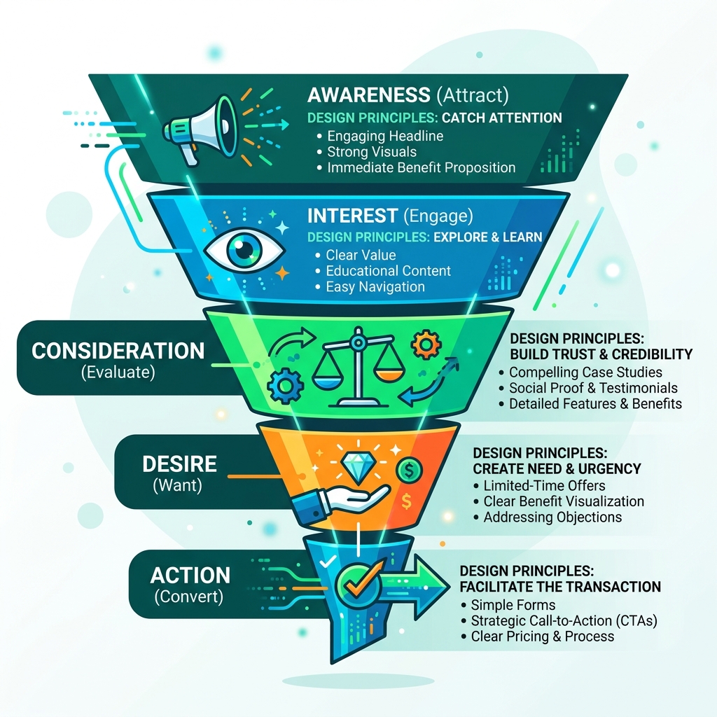 Conversion funnel infographic showing awareness to action stages with design principles at each step - Conversion focused