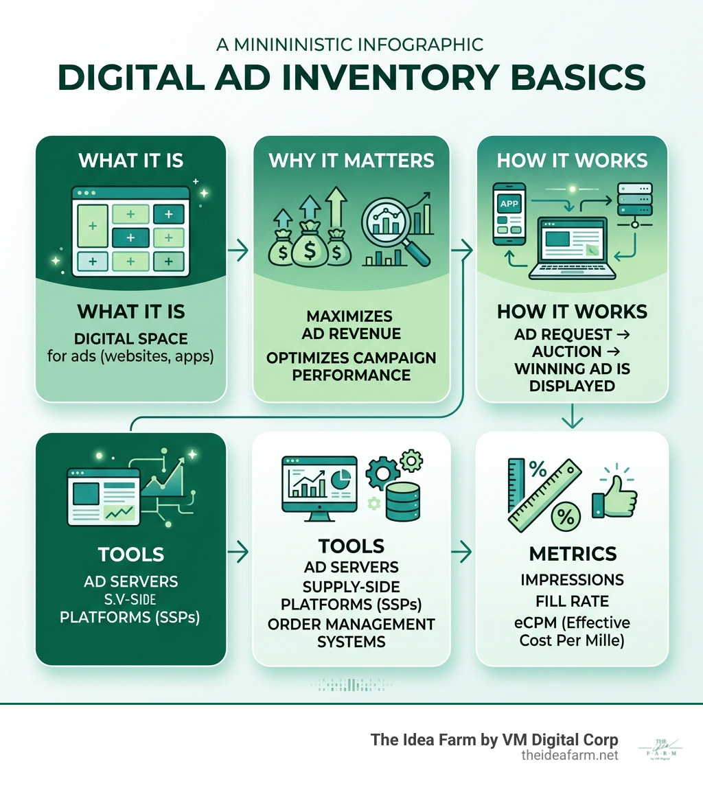 infographic showing ad inventory basics: what it is, why it matters, how it works, tools, metrics - digital advertising