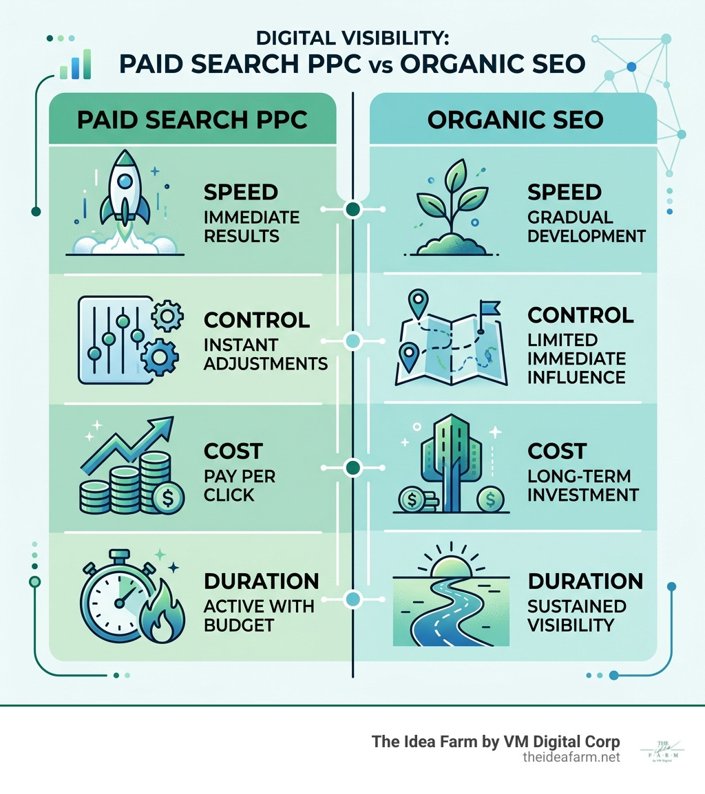 Infographic comparing paid search PPC vs organic SEO speed control cost duration - Paid search Houston infographic 