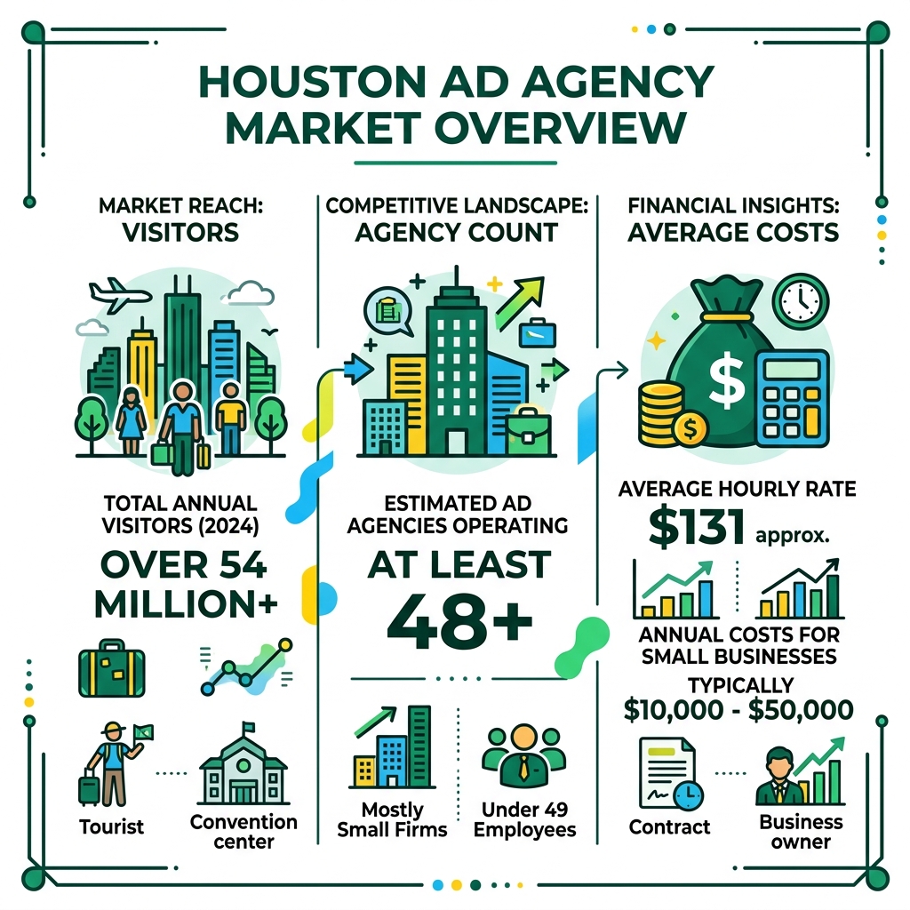 Houston ad agency market overview infographic with visitor stats, agency count, and average costs - ad agency in houston Houston ad agency market overview infographic with visitor stats, agency count, and average costs - ad agency in houston
