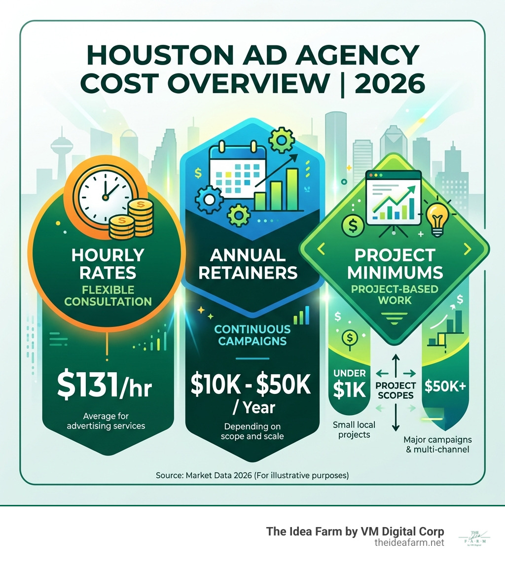 Infographic of Houston ad agency costs: $131 hourly, $10k-$50k annual, under $1k to $50k+ project minimums - ad agency in Infographic of Houston ad agency costs: $131 hourly, $10k-$50k annual, under $1k to $50k+ project minimums - ad agency in