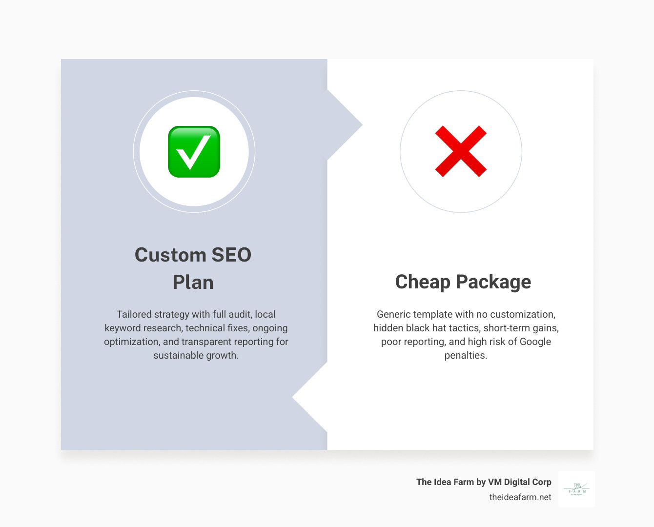 Infographic comparing a custom SEO plan with a cheap package infographic Infographic comparing a custom SEO plan with a cheap package infographic
