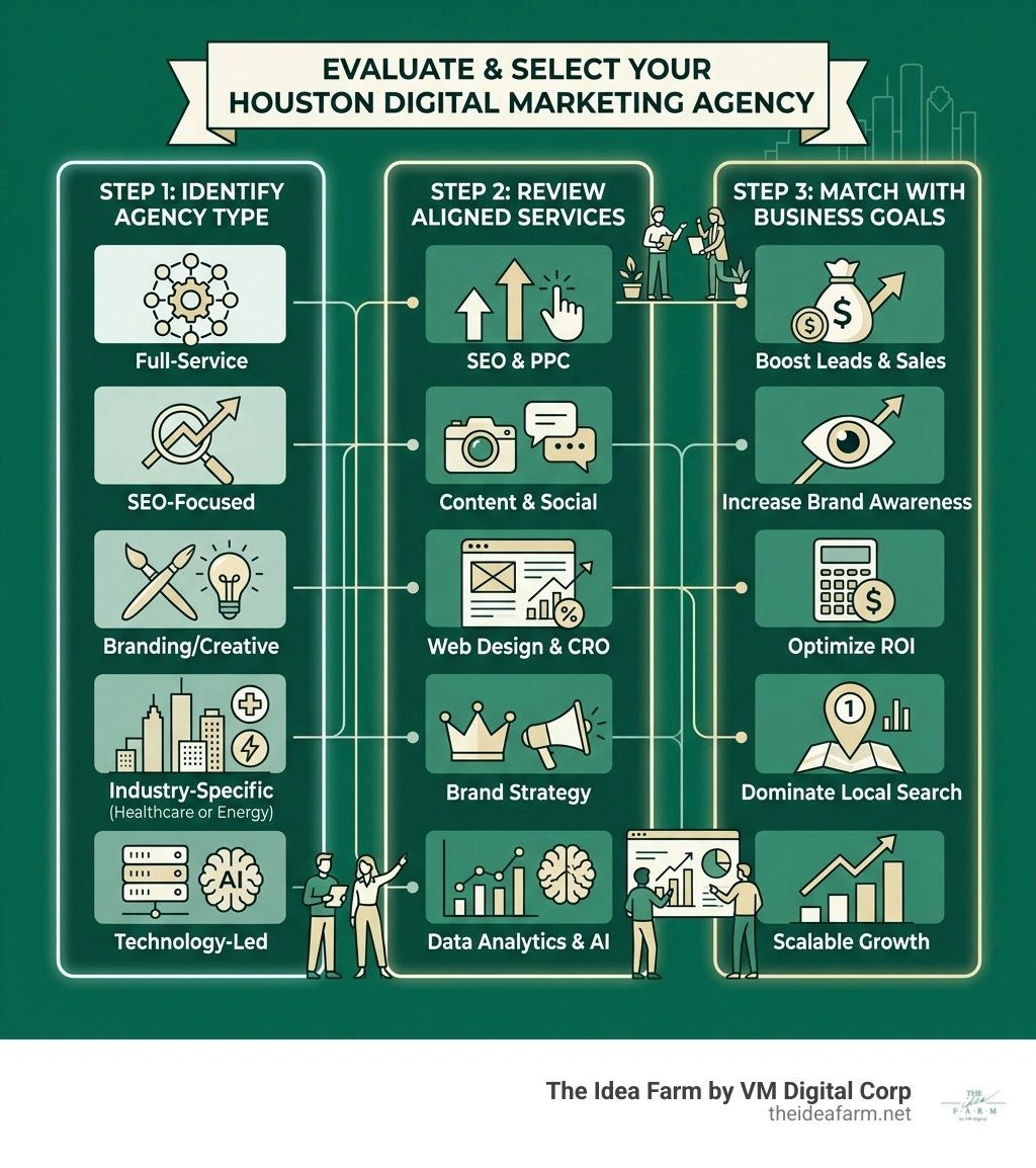 Infographic showing how to evaluate and select a Houston digital marketing agency by type, services, and business goals Infographic showing how to evaluate and select a Houston digital marketing agency by type, services, and business goals