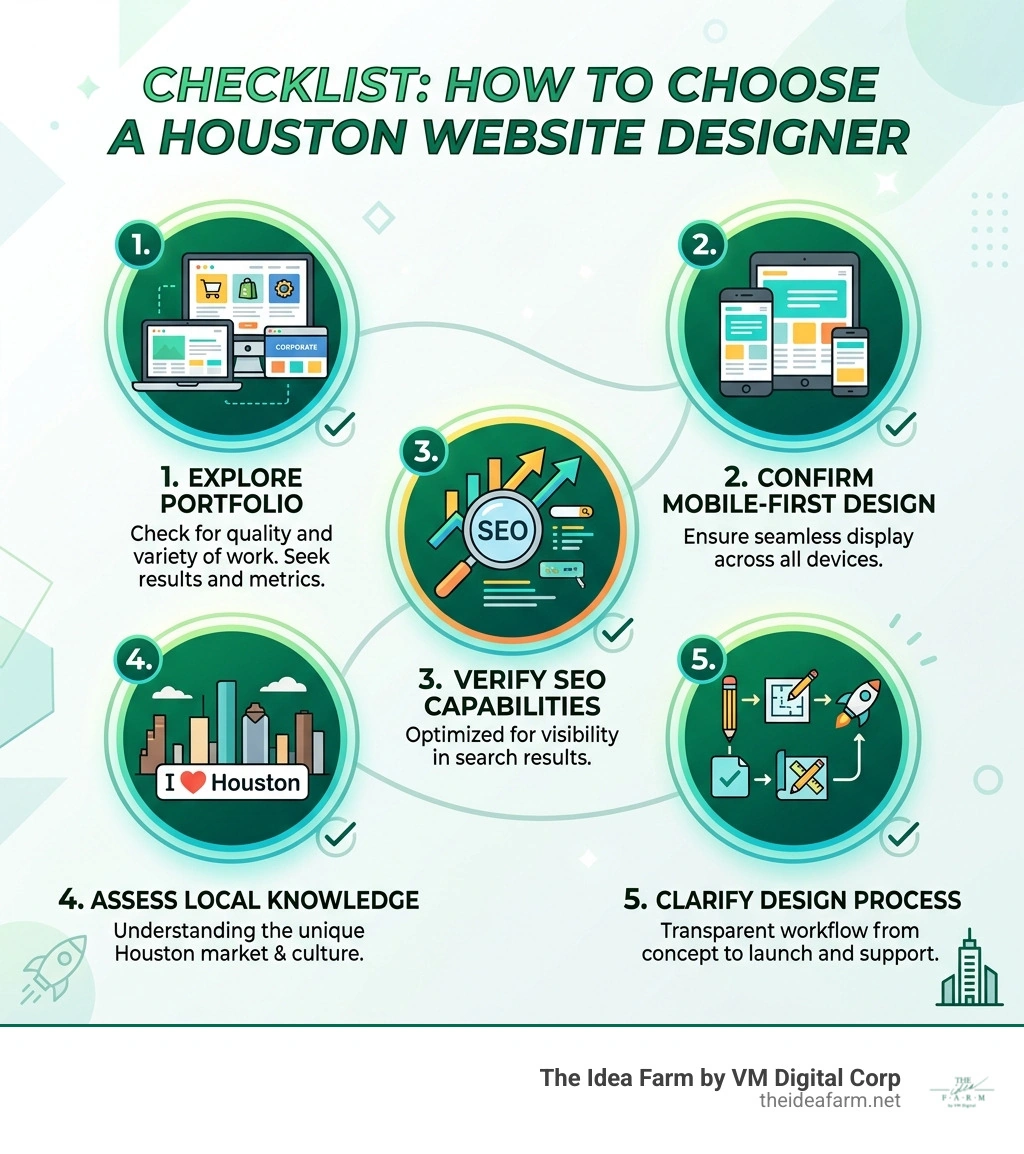 Checklist infographic: how to choose a Houston website designer covering portfolio, mobile design, SEO, local knowledge, and Checklist infographic: how to choose a Houston website designer covering portfolio, mobile design, SEO, local knowledge, and