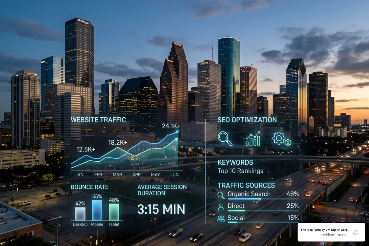 Modern Houston business district with a digital overlay showing web design metrics - website designer houston Modern Houston business district with a digital overlay showing web design metrics - website designer houston