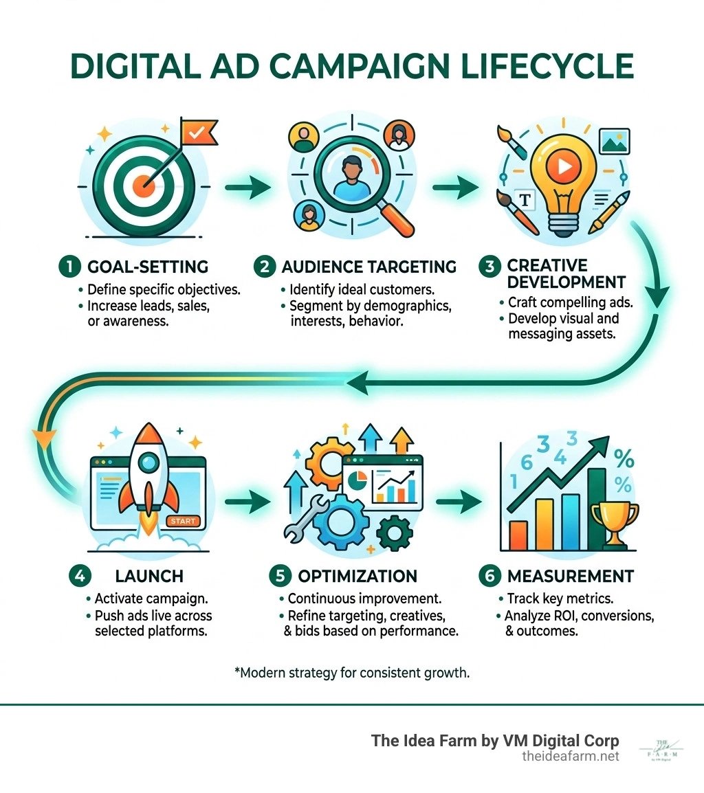 Digital ad campaign lifecycle infographic showing goal-setting, audience targeting, creative, launch, optimization, and Digital ad campaign lifecycle infographic showing goal-setting, audience targeting, creative, launch, optimization, and