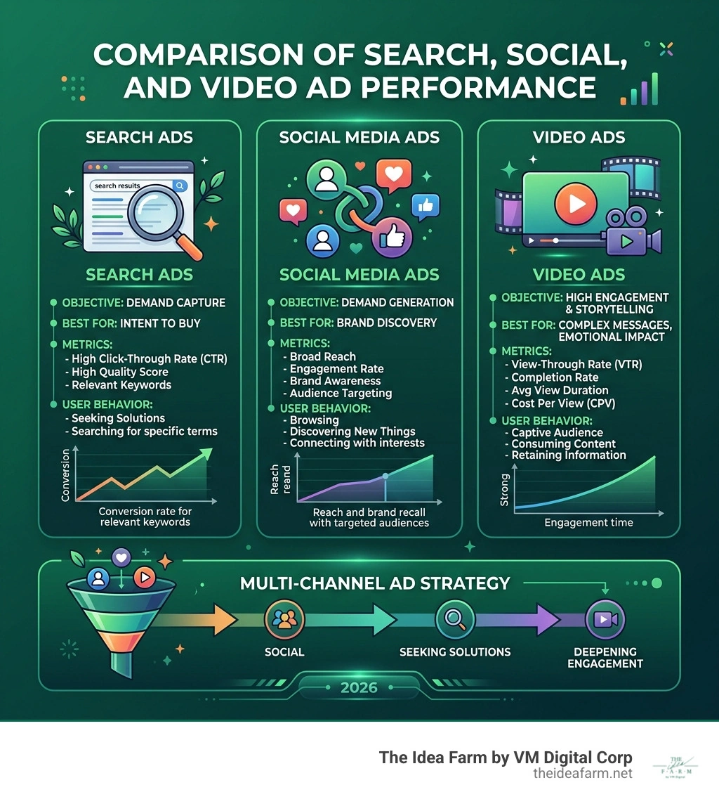 Comparison of search social and video ad performance - digital ad campaign infographic Comparison of search social and video ad performance - digital ad campaign infographic