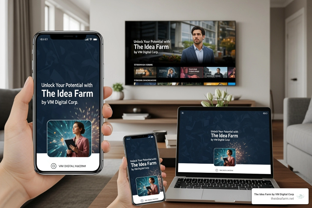 A successful cross-channel campaign showing ads on a mobile phone, a laptop, and a streaming TV screen working together A successful cross-channel campaign showing ads on a mobile phone, a laptop, and a streaming TV screen working together