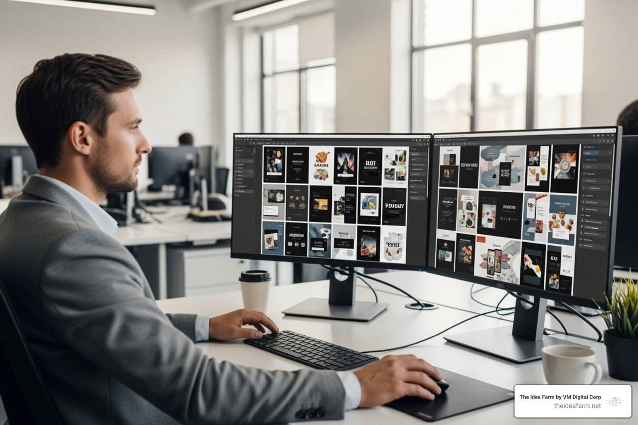 A designer using AI tools to generate multiple ad variations from a single brand kit A designer using AI tools to generate multiple ad variations from a single brand kit