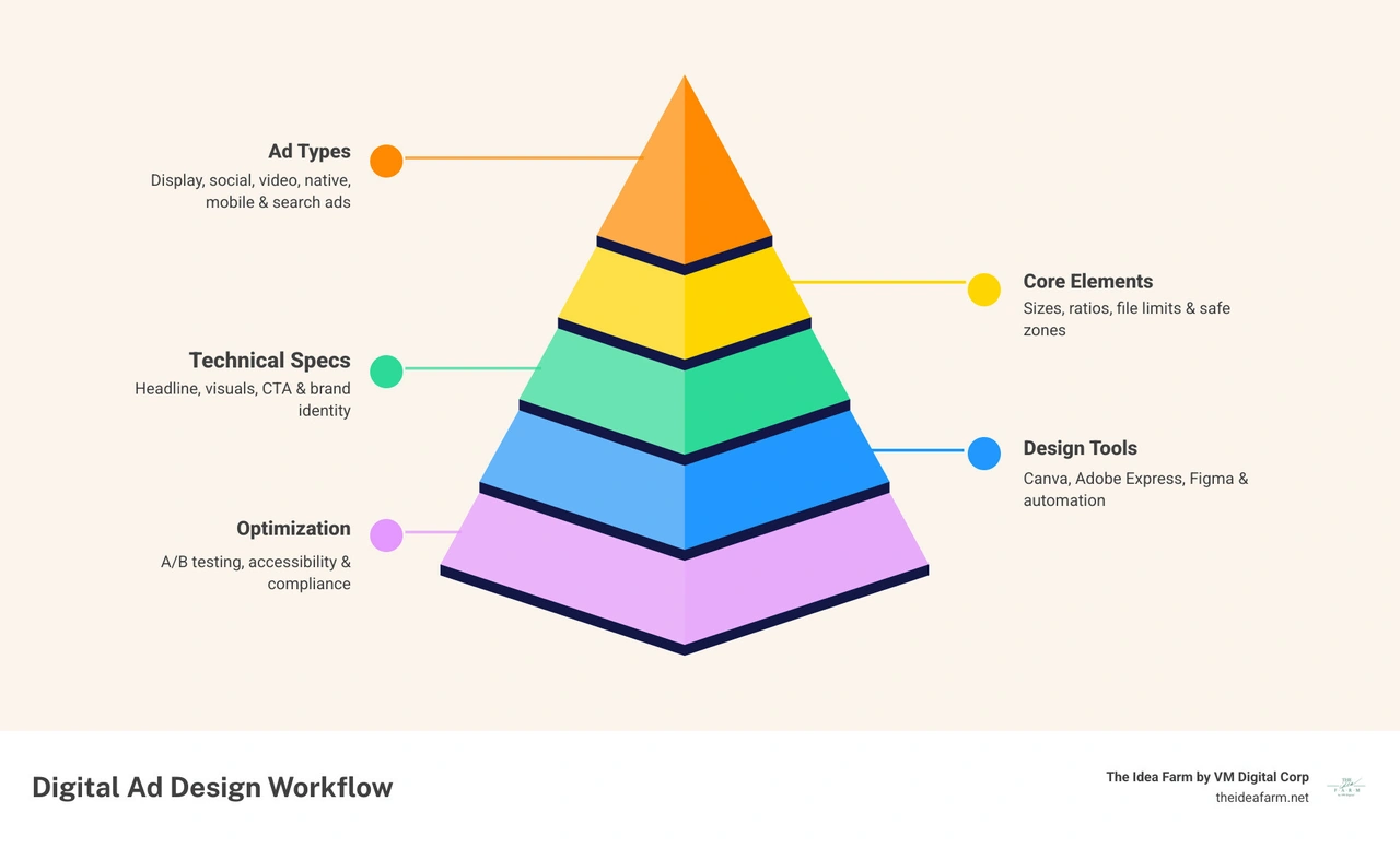 Digital ad design workflow: types, elements, specs, tools, and optimization steps infographic Digital ad design workflow: types, elements, specs, tools, and optimization steps infographic
