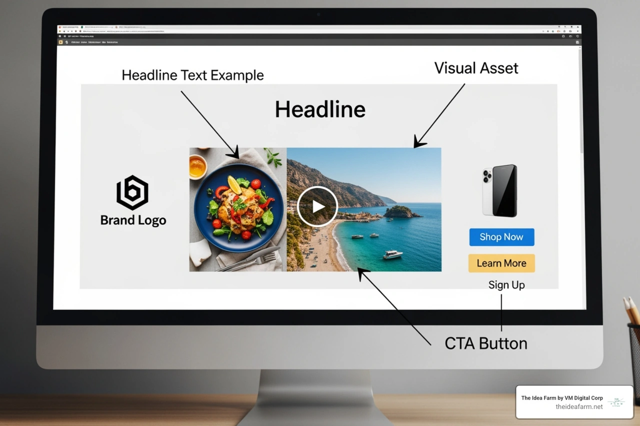 Anatomy of a high-converting digital ad showing headline, visual, brand logo, and CTA button Anatomy of a high-converting digital ad showing headline, visual, brand logo, and CTA button