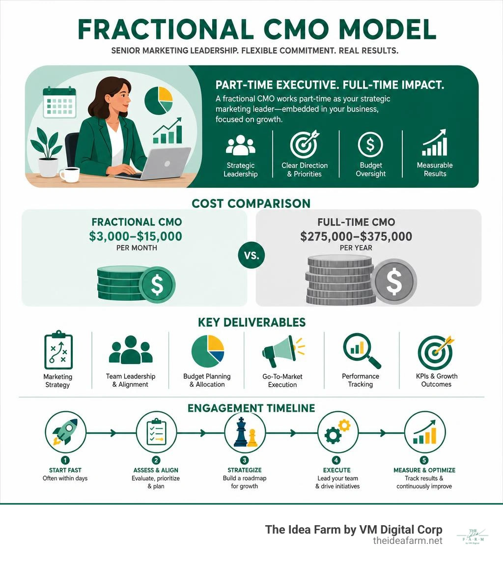 Infographic showing fractional CMO model: part-time executive, cost comparison, key deliverables, and engagement timeline Infographic showing fractional CMO model: part-time executive, cost comparison, key deliverables, and engagement timeline
