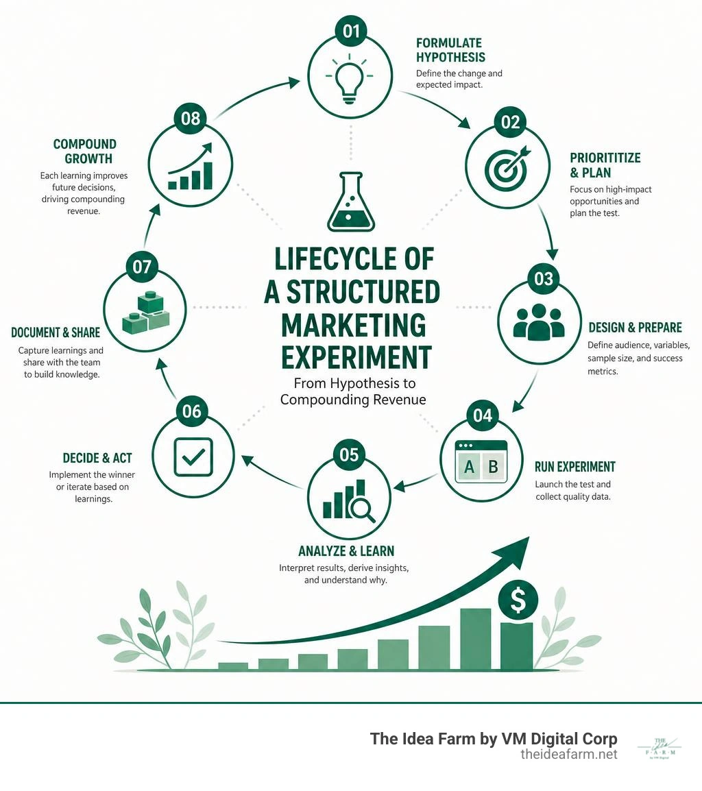 Lifecycle of a structured marketing experiment from hypothesis to compounding revenue infographic Lifecycle of a structured marketing experiment from hypothesis to compounding revenue infographic