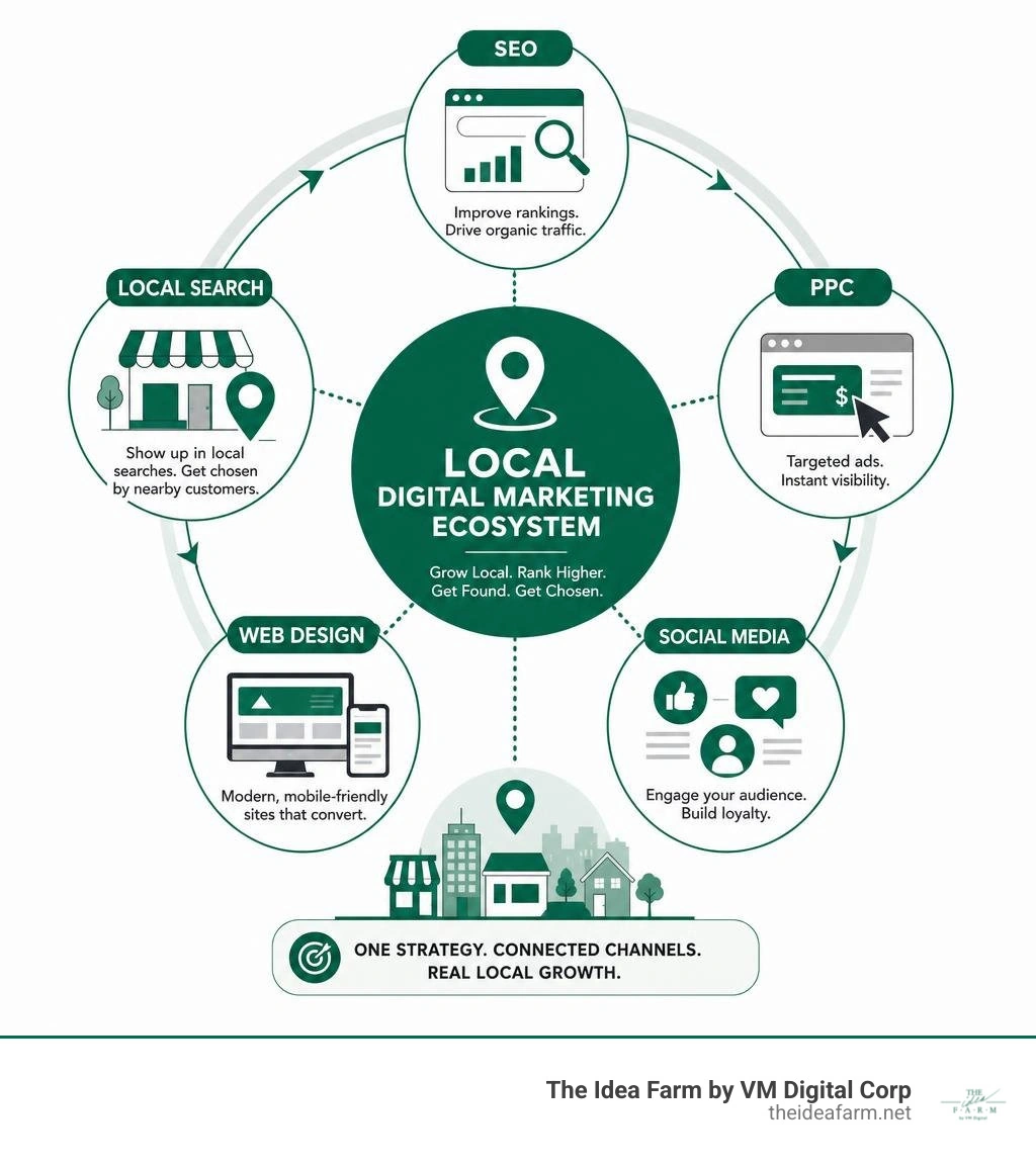 local digital marketing ecosystem infographic showing SEO, PPC, social media, web design, and local search infographic local digital marketing ecosystem infographic showing SEO, PPC, social media, web design, and local search infographic