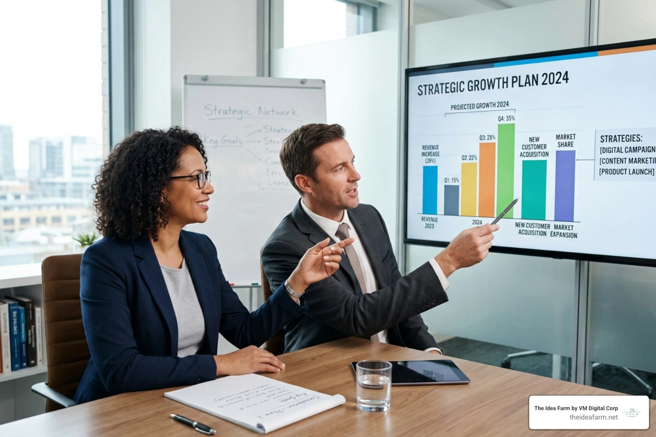 business owner and marketing consultant looking at strategic growth chart during a consultation business owner and marketing consultant looking at strategic growth chart during a consultation
