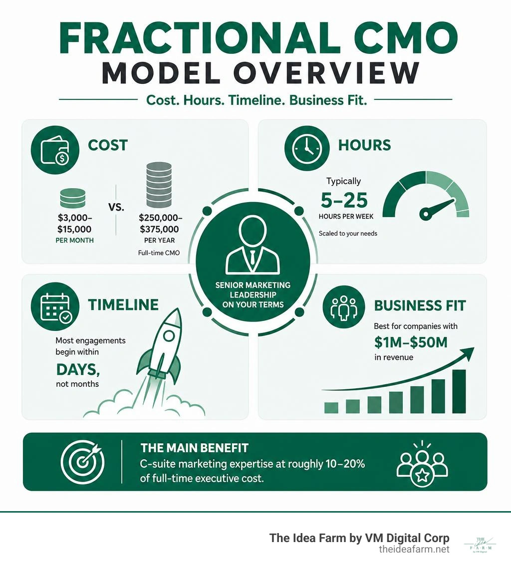 Fractional CMO model overview: cost, hours, timeline, and business fit infographic infographic Fractional CMO model overview: cost, hours, timeline, and business fit infographic infographic