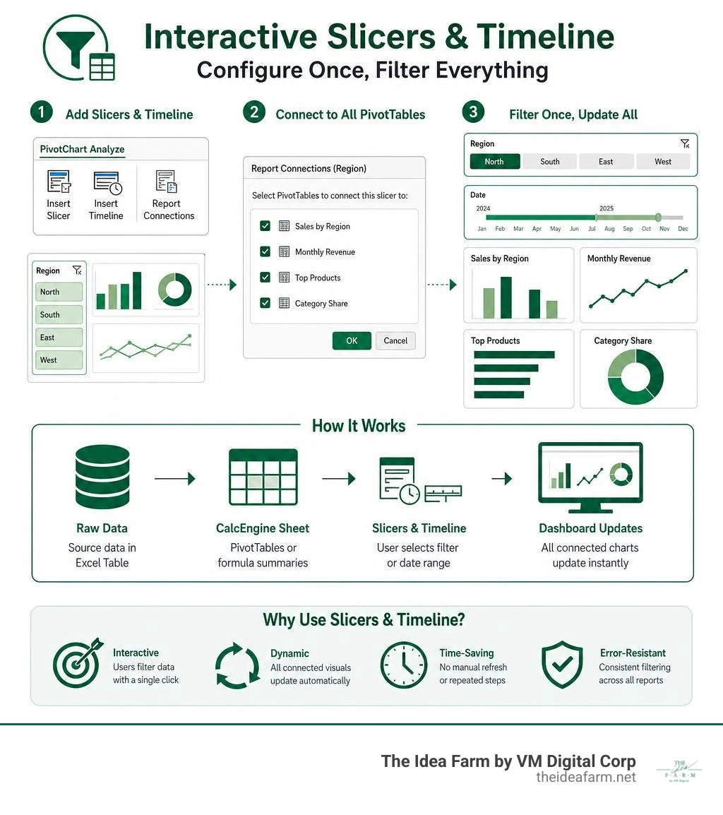 Interactive Slicers and Timeline configuration for dynamic filtering infographic Interactive Slicers and Timeline configuration for dynamic filtering infographic