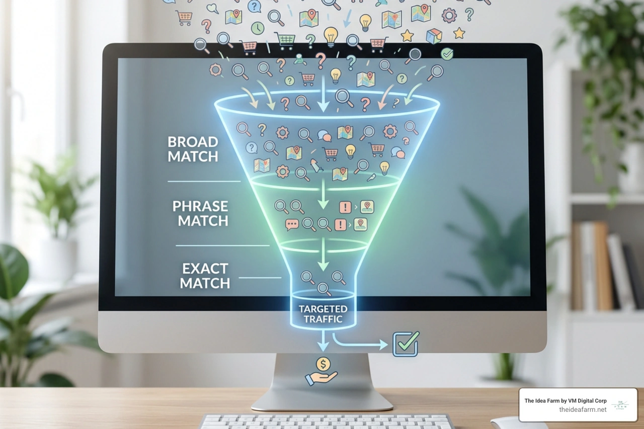 PPC keyword match types funnel showing Broad Match, Phrase Match, and Exact Match PPC keyword match types funnel showing Broad Match, Phrase Match, and Exact Match