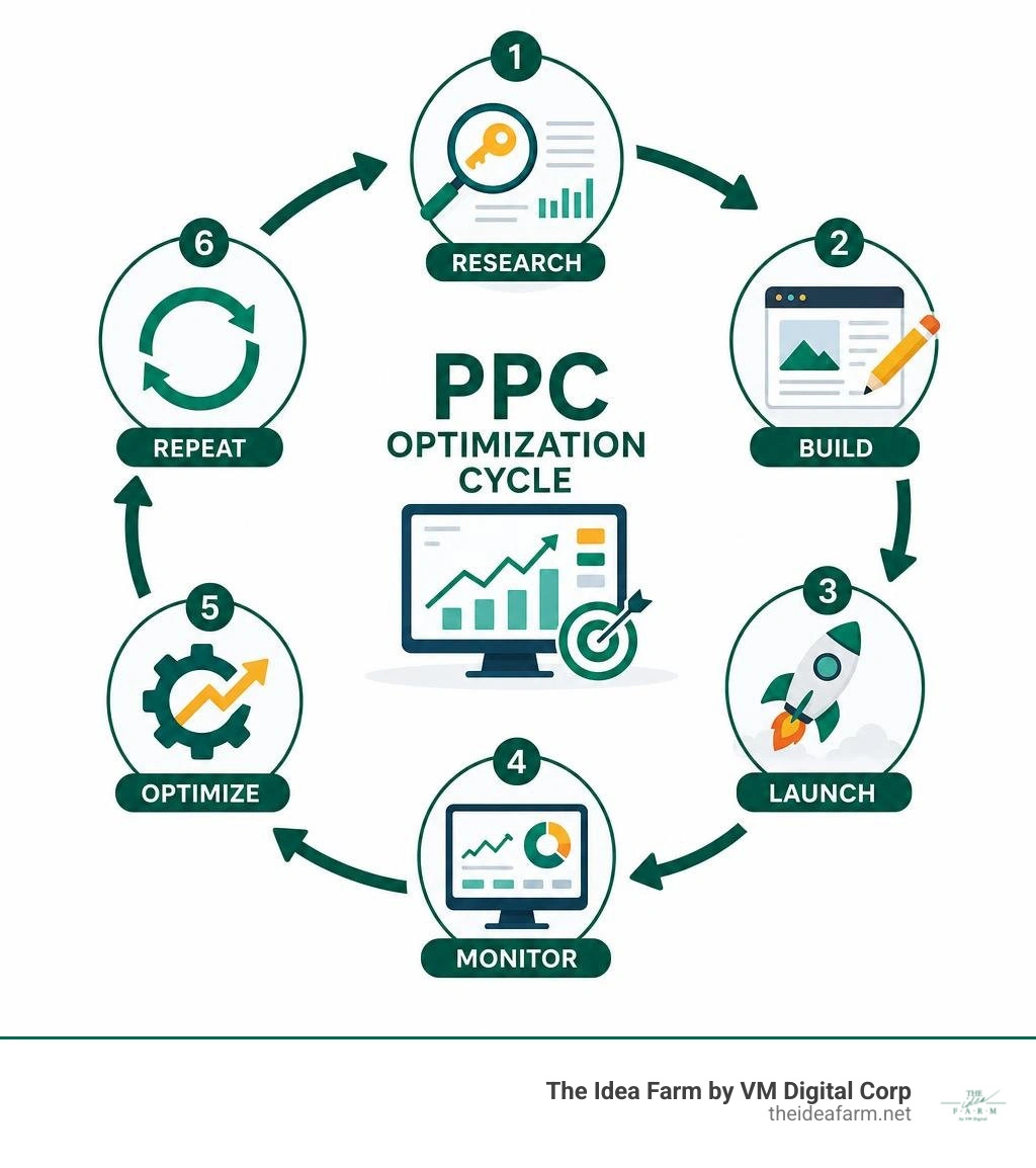 Infographic showing the continuous PPC optimization cycle: research, build, launch, monitor, optimize, repeat infographic Infographic showing the continuous PPC optimization cycle: research, build, launch, monitor, optimize, repeat infographic